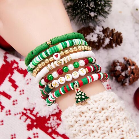 Christmas Beaded Bracelet, Preppy Heishi Bracelets MERRY Letter Stack Vinyl Disc Beads Surfer Stretch Bracelet XMAS Party Decor Festive Cosplay Jewelry Gifts for Her Him in Kuwait