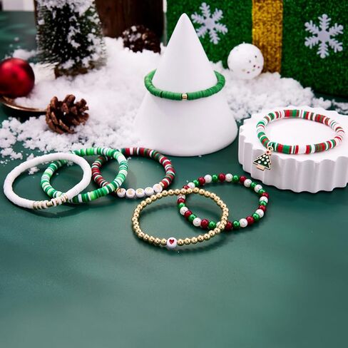 Christmas Beaded Bracelet, Preppy Heishi Bracelets MERRY Letter Stack Vinyl Disc Beads Surfer Stretch Bracelet XMAS Party Decor Festive Cosplay Jewelry Gifts for Her Him in Kuwait
