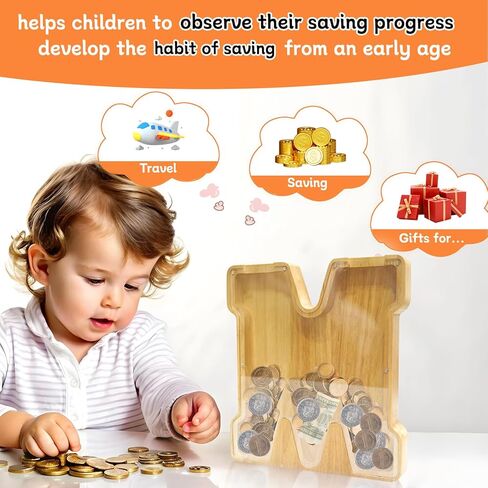 ANOTION 9" Large Piggy Bank for Kids, Wooden Letter Coin Bank for Boys Girls, Personalized Money Saving Bank Gifts for Birthday, Christmas (G) in Saudi Arabia