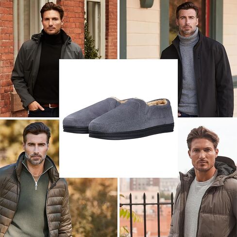 شباشب رجالي من جلد الغزال المقاوم للطقس - تصميم مزدوج، شباشب كلاسيكية للرجال للاستخدام الداخلي والخارجي، شباشب مريحة ببطانة من الفرو الصناعي سهلة الارتداء للرجال مع نعل مطاطي مانع للانزلاق in Kuwait