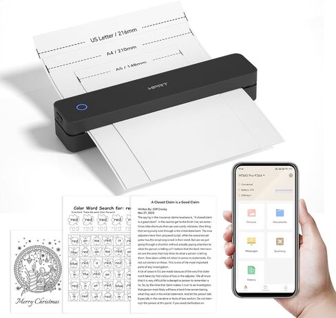 HPRT MT610 Pro Portable Printers Wireless for Travel, Bluetooth Thermal Printer Compatible with iOS, Android & Laptop, Support 8.5x11 US Letter&A4 Thermal Paper, Inkless Mobile Printer for Home, Black in Saudi Arabia