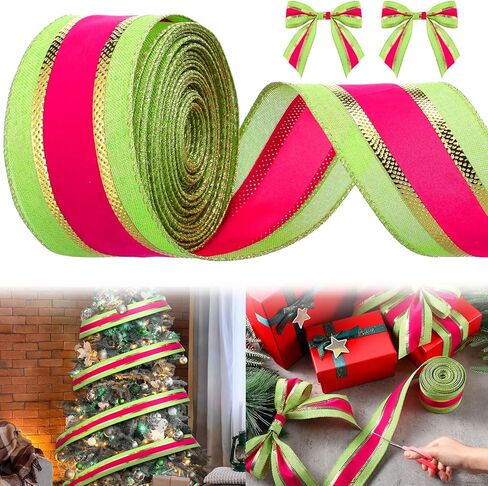 Waydress Christmas Ribbon Wired Edge Velvet Plush Overlay Ribbon 10 Yards 2.5 Inch Christmas Tree Ribbon Victorian Xmas Ribbon for Wrapping Wreath Bow Christmas Tree Decoration(Gold Pink Green) in Saudi Arabia