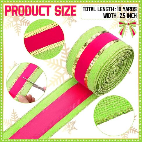 Waydress Christmas Ribbon Wired Edge Velvet Plush Overlay Ribbon 10 Yards 2.5 Inch Christmas Tree Ribbon Victorian Xmas Ribbon for Wrapping Wreath Bow Christmas Tree Decoration(Gold Pink Green) in Saudi Arabia