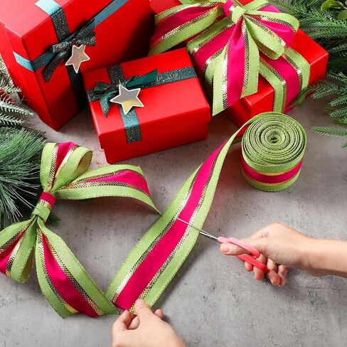 Waydress Christmas Ribbon Wired Edge Velvet Plush Overlay Ribbon 10 Yards 2.5 Inch Christmas Tree Ribbon Victorian Xmas Ribbon for Wrapping Wreath Bow Christmas Tree Decoration(Gold Pink Green) in Saudi Arabia
