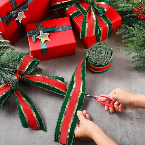 Waydress Christmas Ribbon Wired Edge Velvet Plush Overlay Ribbon 10 Yards 2.5 Inch Christmas Tree Ribbon Victorian Xmas Ribbon for Wrapping Wreath Bow Christmas Tree Decoration(Gold Pink Green) in Kuwait