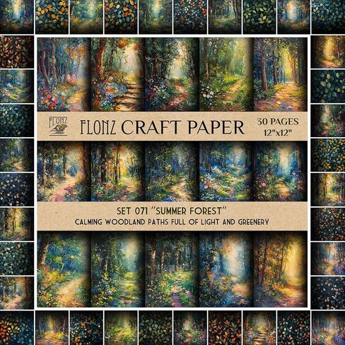 Scrapbook Paper (30 Pages 12"x12") Summer Forest: Calming Woodland Paths Full of Light and Greenery FLONZ Vintage Styled Double Sided Paper Pad for Craft Cardmaking in Saudi Arabia