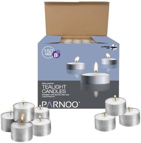 شموع تيلايت في أكواب معدنية - شموع تيلايت بيضاء نظيفة غير معطرة مع وقت احتراق طويل 8 ساعات - مجموعة شموع نذرية للعشاء الرومانسي وحفلات الزفاف والمنتجعات الصحية والفنادق من بارنو (كلاسيكي، 75، عدد) in Kuwait