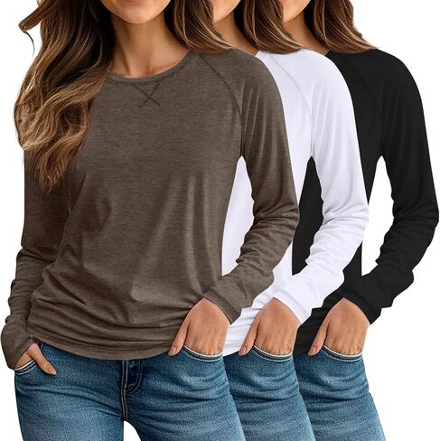 Ficerd 3 Pack Women's Long Sleeve T Shirt Crew Neck Raglan Sleeves Tunic Loose Fit Basic Tops Pullover 2024 Fall Trendy in Saudi Arabia