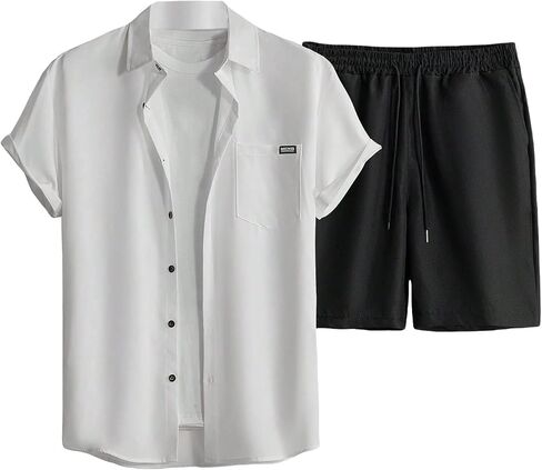 OYOANGLE Men's 2 Piece Outfits Button Down Short Sleeve Blouse Shirt and Drawstring Waist Shorts Set in Saudi Arabia
