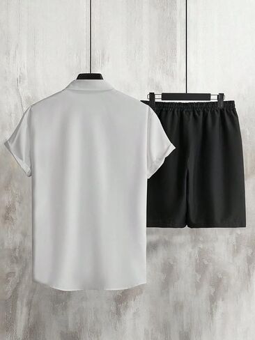 OYOANGLE Men's 2 Piece Outfits Button Down Short Sleeve Blouse Shirt and Drawstring Waist Shorts Set in Saudi Arabia