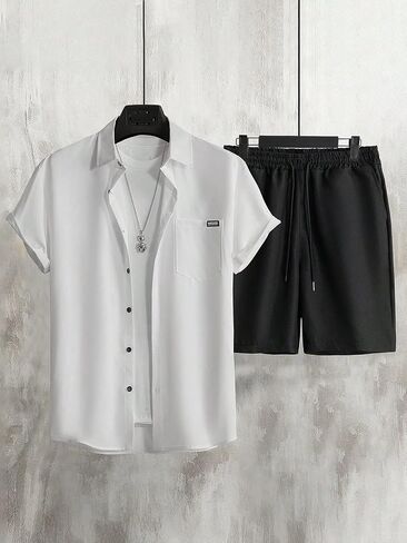OYOANGLE Men's 2 Piece Outfits Button Down Short Sleeve Blouse Shirt and Drawstring Waist Shorts Set in Saudi Arabia