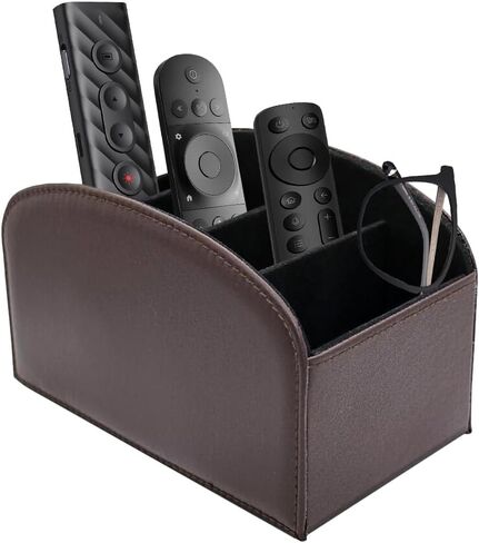 TV Media Storage Organizer Remote Control Holder Stable PU Leather Control Caddy with 4 Spacious Compartments (Dark Brown, 1) in Saudi Arabia