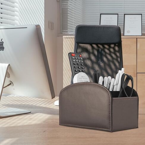 TV Media Storage Organizer Remote Control Holder Stable PU Leather Control Caddy with 4 Spacious Compartments (Dark Brown, 1) in Saudi Arabia