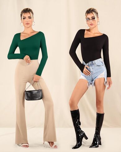 MANGOPOP Women Asymmetrical Neck Long Sleeve Basic T shirt Thong Bodysuit Tops in Saudi Arabia