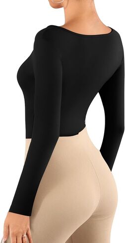 MANGOPOP Women Asymmetrical Neck Long Sleeve Basic T shirt Thong Bodysuit Tops in Saudi Arabia