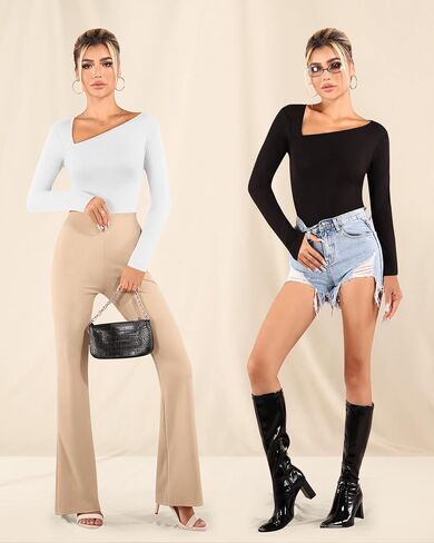 MANGOPOP Women Asymmetrical Neck Long Sleeve Basic T shirt Thong Bodysuit Tops in Saudi Arabia
