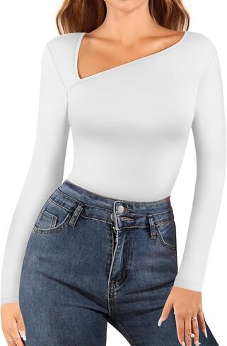 MANGOPOP Women Asymmetrical Neck Long Sleeve Basic T shirt Thong Bodysuit Tops in Saudi Arabia