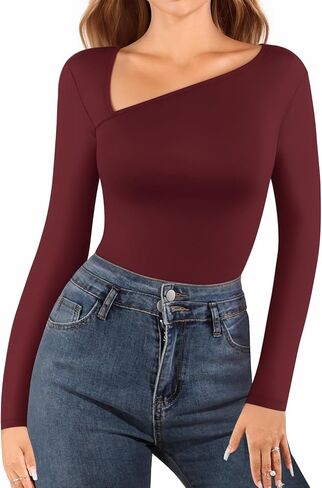 MANGOPOP Women Asymmetrical Neck Long Sleeve Basic T shirt Thong Bodysuit Tops in Saudi Arabia