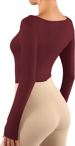 MANGOPOP Women Asymmetrical Neck Long Sleeve Basic T shirt Thong Bodysuit Tops in Saudi Arabia