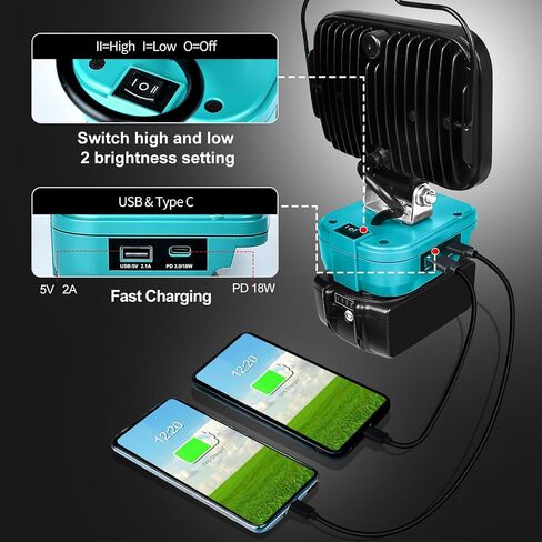 Cordless LED Work Light for Makita 18v Battery, Portable Flood Lights 80W Spotlight Compact Lighting 8000LM With Type C & USB Fast Charging for Camping, Hiking, Fishing,Power Failure,Job Site,Workshop in Saudi Arabia