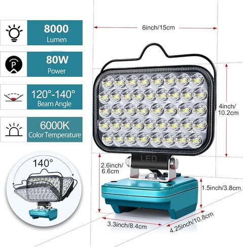 Cordless LED Work Light for Makita 18v Battery, Portable Flood Lights 80W Spotlight Compact Lighting 8000LM With Type C & USB Fast Charging for Camping, Hiking, Fishing,Power Failure,Job Site,Workshop in Saudi Arabia