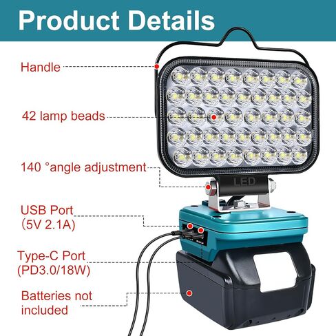 Cordless LED Work Light for Makita 18v Battery, Portable Flood Lights 80W Spotlight Compact Lighting 8000LM With Type C & USB Fast Charging for Camping, Hiking, Fishing,Power Failure,Job Site,Workshop in Saudi Arabia