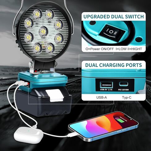 Cordless LED Work Light for Makita 18v Battery, Portable Flood Lights 80W Spotlight Compact Lighting 8000LM With Type C & USB Fast Charging for Camping, Hiking, Fishing,Power Failure,Job Site,Workshop in Saudi Arabia