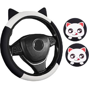 Cartoon Soft Leather Steering Wheel Cover Set Cute Steering Wheel Protector with Cat Ears for Women Girls Elastic Lovely Decor Car Accessories (Black)