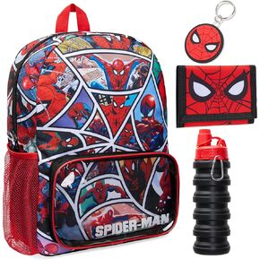 Marvel Spiderman School Bag Set - 4 Piece Backpack, Water Bottle, Wallet, Keychain - Boys Gifts