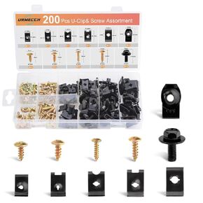 200Pcs Car U-Nuts Clips and Screw Assortment Kit, 11 Different Sizes Automotive U-Clip & Screw Parts for Dash Door Panel Interior, M6 Engine Under Cover Undertray Splash Shield Guard Bolts