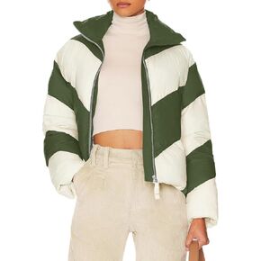 Tankaneo Womens Winter Cropped Puffer Jacket Color Block Zip Up Puffy Down Coats Oversized Outerwear