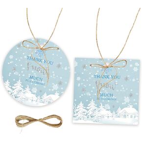 50pcs Snowflake Thank You Tags, Winter Wonderland Gift Tag with String for Baby Shower Party, Round Thank You Paper Tags for Snowflake Baby Birthday/Gender Reveal Party Favor