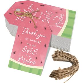 50PCS Watermelon Thank You Tags, Thanks a Melon Gift Tag with String for Summer Watermelon First Birthday, Sweet Fruit Present Labels for One in a Melon Party Favors (pink)
