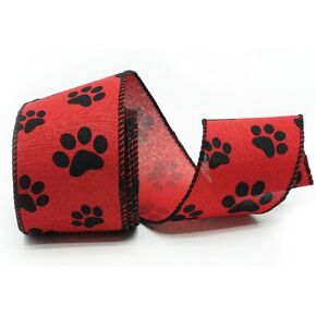 Red and Black Paw Print Wired Edge Ribbon, Burlap Dog Cat Pet Paw Ribbon Wired for Wreath, 2.5" x 10 Yards (30 Feet) (red&Black)