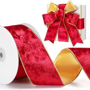 MTLEE Christmas Velvet Ribbon Iron Wired 10 Yard Gold Ribbon Soft Velvet Ribbon Fabric Gold Ribbon for Crafts Holiday Ribbon with Metallic Gold Backing for Weddings Decor(Black Gold,1.5 Inch)