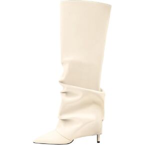 Women's Knee High Boots Fold Over High Heel Pointed Toe Black White Long Boots Women Dress Tall Boots for Women