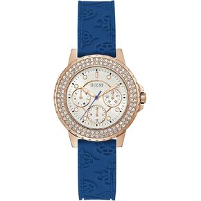 GUESS Ladies Sport Crystal Multifunction 36mm Watch – White Dial Gold-Tone Stainless Steel Case with White Silicone Strap