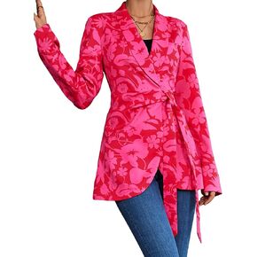 WDIRARA Women's Floral Print Shawl Collar Belted Long Sleeve Asymmetrical Hem Blazer in Kuwait