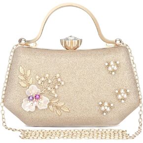 Women's Gold Glitter Shiny Pearl and Flower Decor Clutch Evening Purse Wedding Party Bag