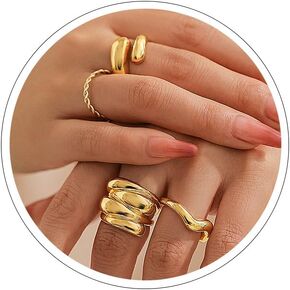 Chunky Gold Rings for Women Non Tarnish Gold Silver Stackable Ring Set Adjustable Open Dome Statement Ring Minimalist Thick Solid Ring Geometric Band Simple Rings Jewelry