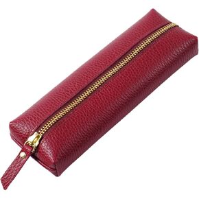 Genuine Leather Pencil Case - Zippered Pen Case Stationery Bag Zipper Pouch Pencil Holder (Pink)