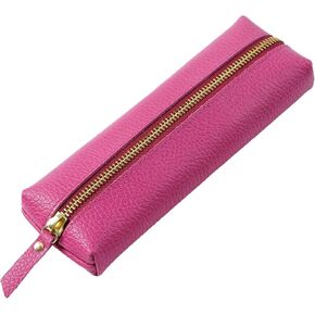 Genuine Leather Pencil Case - Zippered Pen Case Stationery Bag Zipper Pouch Pencil Holder (Pink)