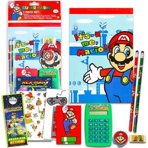 Mario Stationery Set for Kids, Boys, Girls - 10 Pc Bundle with Super Mario Notebook, Eraser, Calculator, Pencils, Stickers, and More | Mario School Supplies for Boys