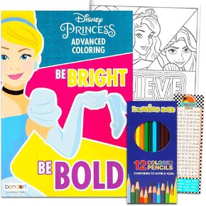 Disney Princess Advanced Coloring Book Set for Teens, Adults - Disney Princess Coloring Activity Book Bundle with Colored Pencils, Bookmark (Adult Relaxation)