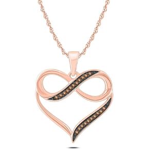 1/20cttw Black or Champagne Diamond Infinity Heart Necklace for Women in 10k Rose or White Gold, Women's Infinity Heart Pendant with Diamond Accent, 18" Chain in Rose Gold or White Gold