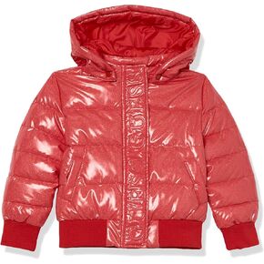 GUESS Girls' Glitter Coated Quilted Puffer Hooded Bomber Jacket