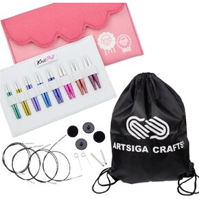 مجموعة KnitPro Zing Mini مقاس 2 بوصة إبر الحياكة الدائرية مقاس 2.5، 4، 5، 6، 7، 8، 9، 10 قابلة للتبديل، 4 كابلات، 4 أغطية، 2 مفتاح، حزمة حقيبة قماشية مع حقيبة مشروع Artsiga Crafts