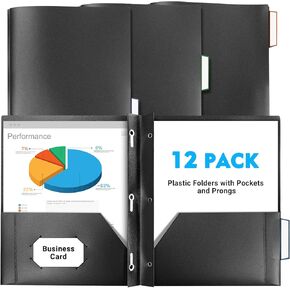 12 Pack Plastic Folders with Pockets and Prongs Fastener,2 Pockets Folders and 3 Prongs Folders Fit Letter Size Paper,Heavy Duty File Folders for Office School Home,Black