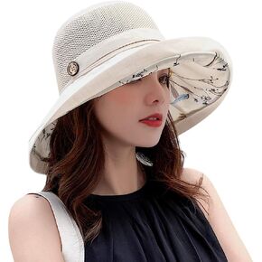 Mesh-Breathable Sun-Hat for Women,Floral Wide-Brim Beach Bucket Hat with Detachable Chin Strap Girls Teens Fishing Hat
