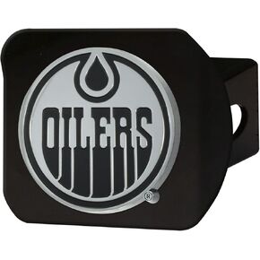 FANMATS 20999 Edmonton Oilers غطاء وصلة ربط معدني أسود مع شعار معدني كروم ثلاثي الأبعاد